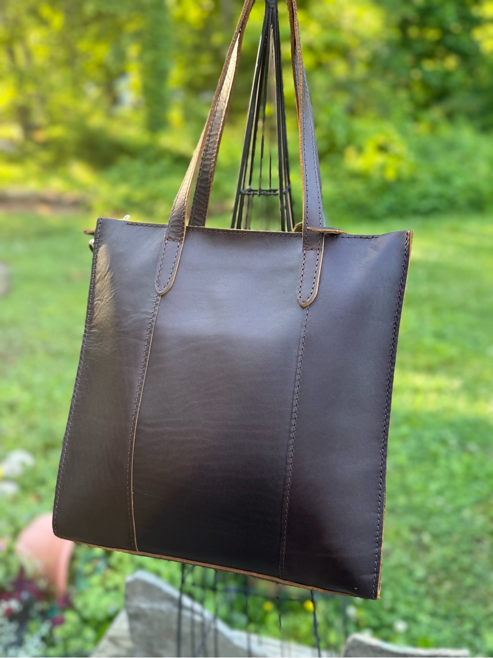 Classic Chocolate Brown Leather Tote with Leaf Charm - Picture 2 of 3